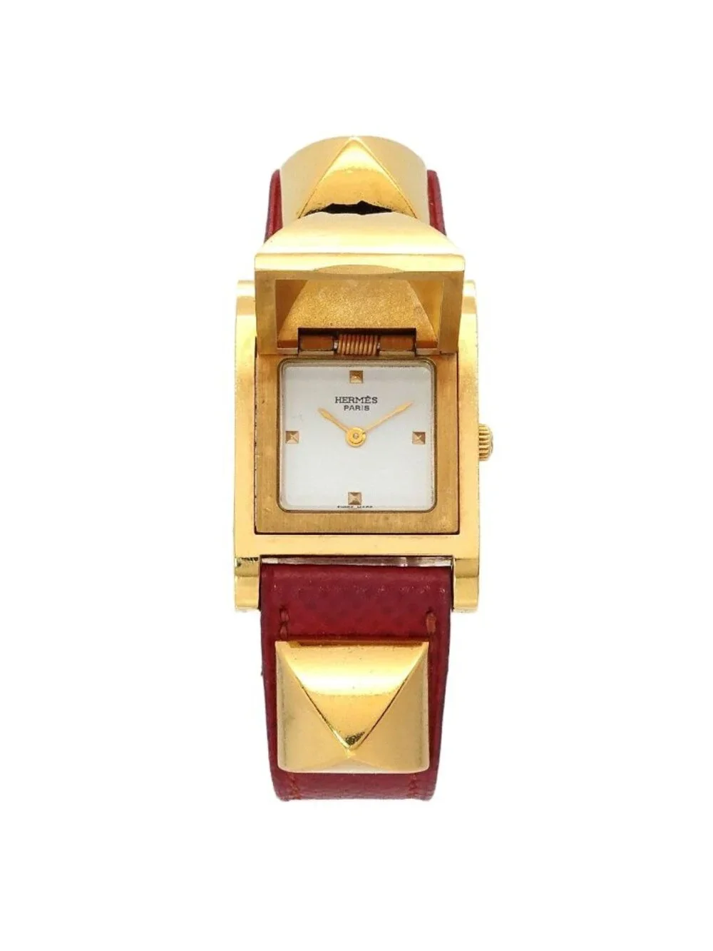 Hermes Medor Vintage Watch Pyramid Gold Studs White Red Quartz